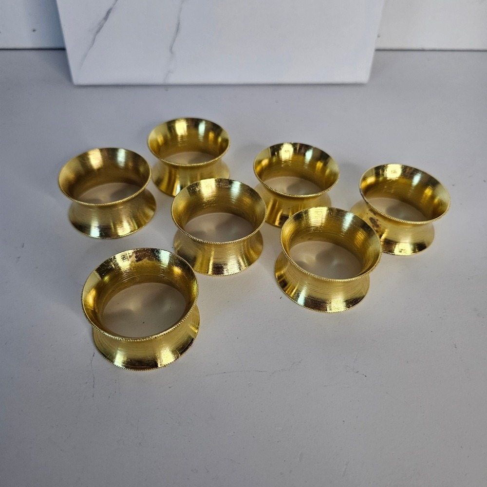 Vintage Gold Tone Flared Napkin Rings‎ Set of 7 Beaded Edge Metal Table Decor